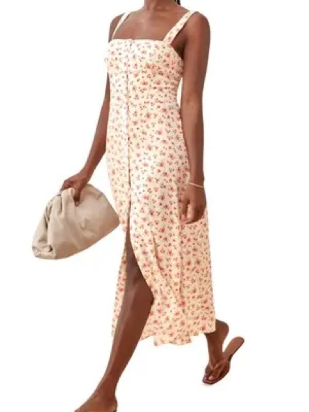 Reformation Virgil Floral Square-Neck Midi Dress in Cream and Red size 2